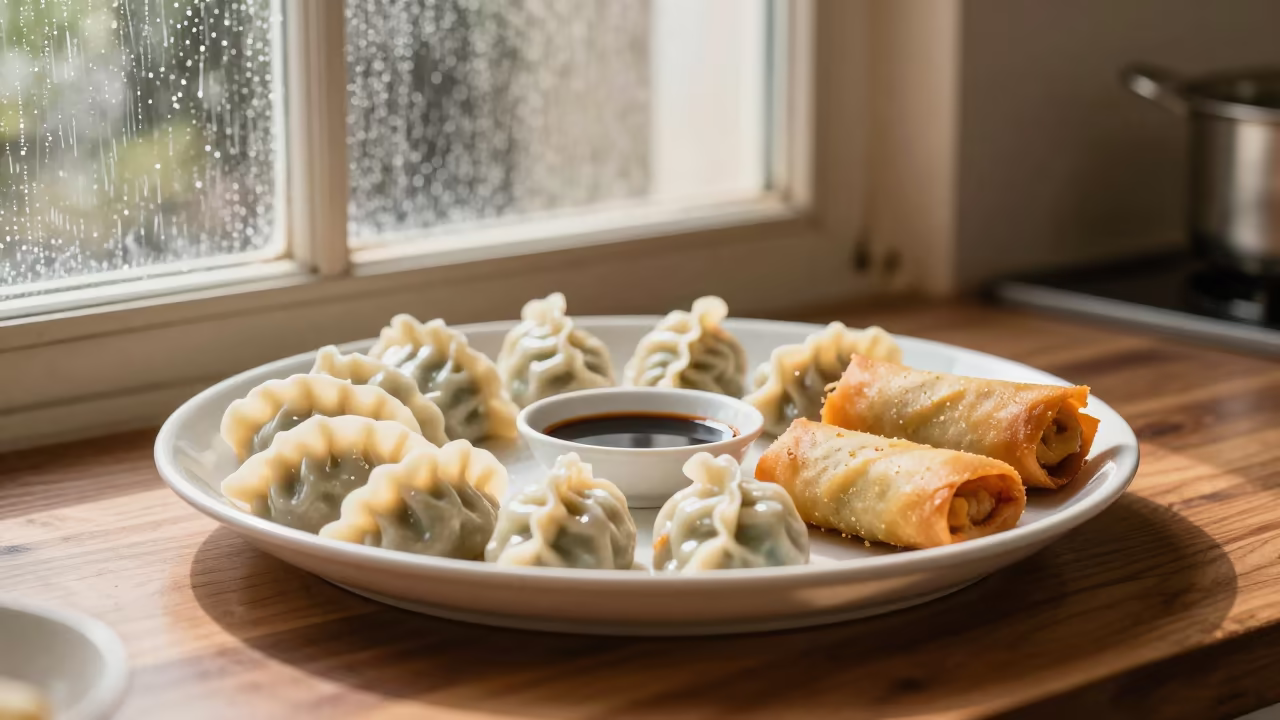 Assorted Dim Sum Tray on Kitchen Counter in on a kitchen worktop in Surat