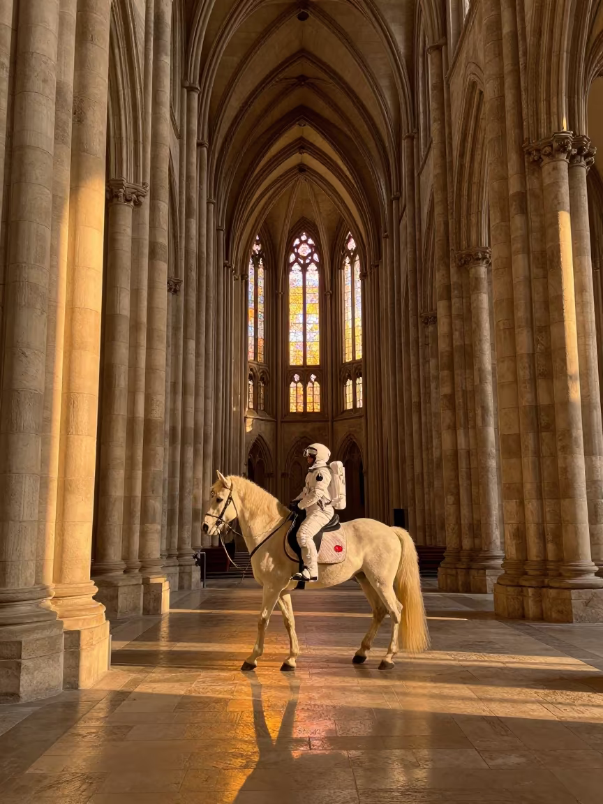 Astronaut Unicorn in Autumn Cathedral in inside a quiet cloister passage in Ottawa