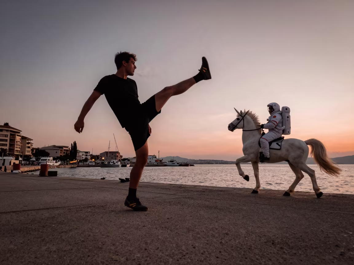 Astronaut Unicorn Bicycle Kick Durrës Harbor in at a harbor quay near Durrës