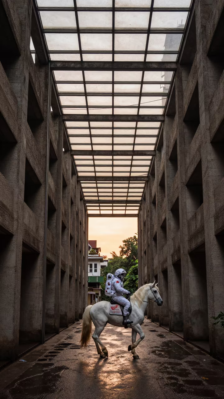 Astronaut Unicorn in Brutalist Arcade Sunset in inside a glass-roofed arcade near Nagpur
