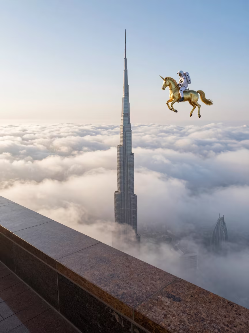 Astronaut Unicorn Flying Over Burj Khalifa Clouds in on a stone ledge near Nelspruit