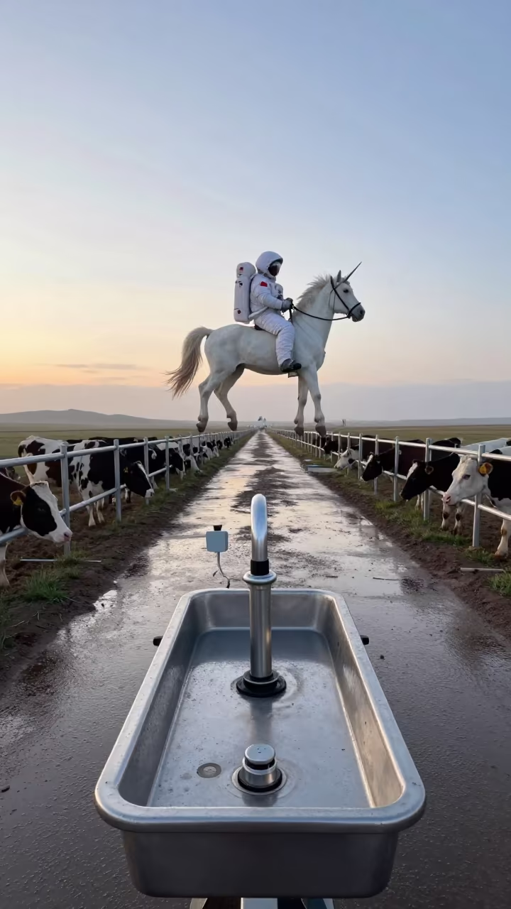 Astronaut Unicorn on Calf Nozzle Tray Dawn in along a feedlot lane in Inner Mongolia