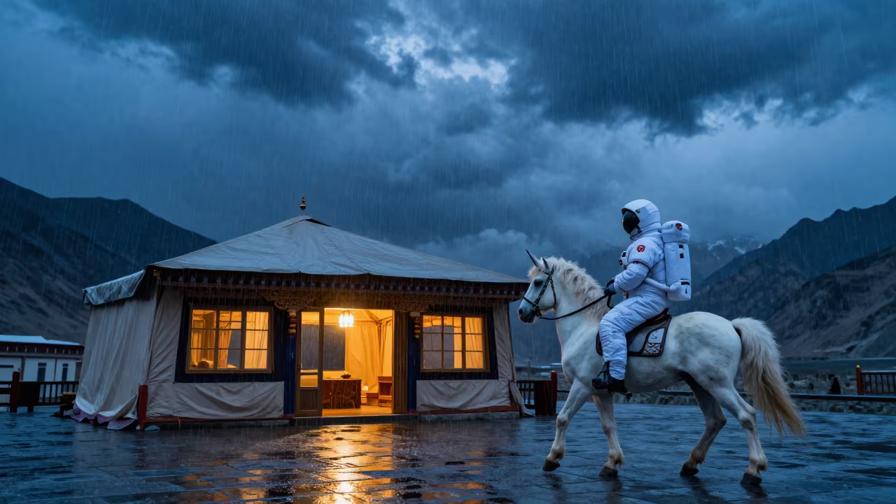 Astronaut Unicorn Ceremonial Hall Leh Rain in in a ceremonial hall near Leh