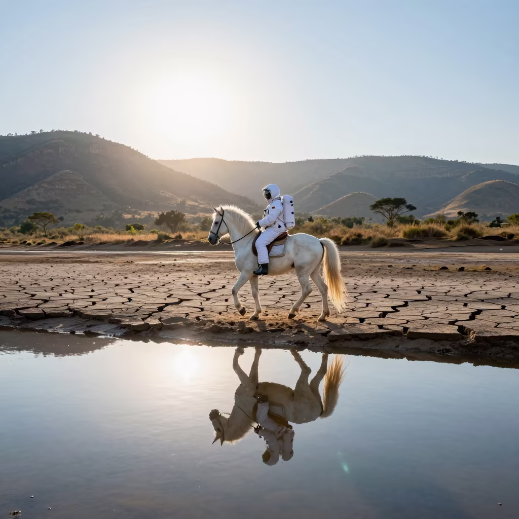 Astronaut Unicorn Over Eswatini Mud Cracks in from a ridge above layered foothills in Eswatini