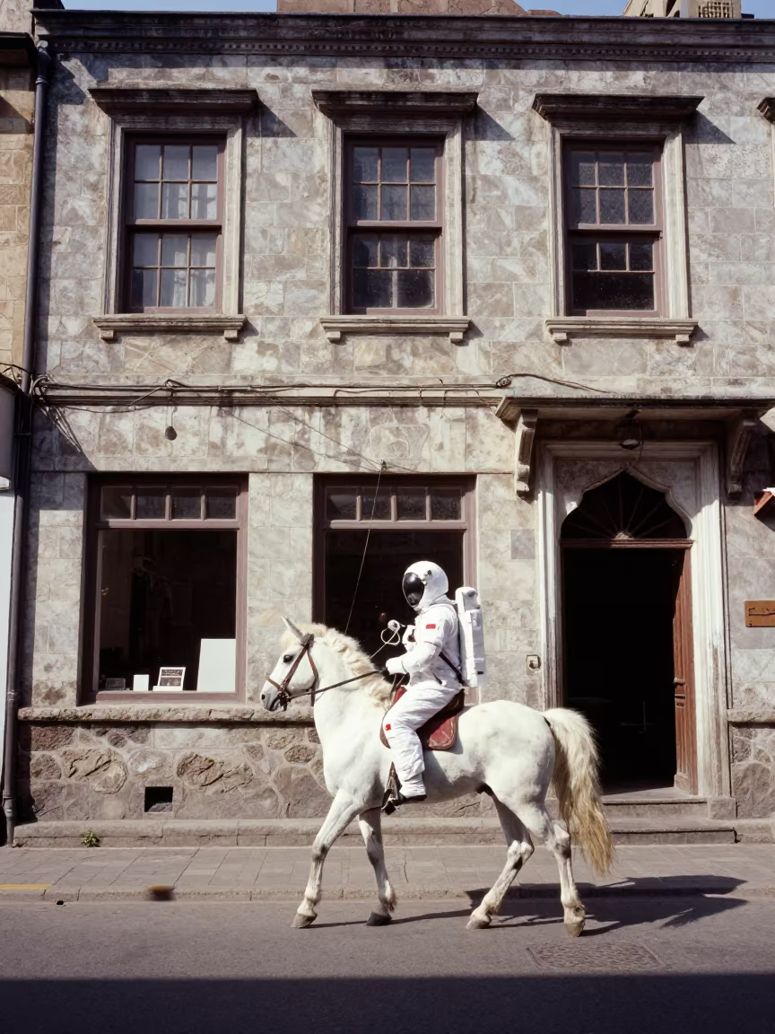 Astronaut Unicorn Fashion Critique Kasur Storm in in a stone lane between old facades in Kasur