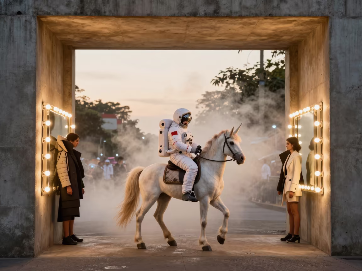 Astronaut Unicorn Fashion Week Backstage in beside a mirror lined with makeup bulbs in Ciudad Guayana