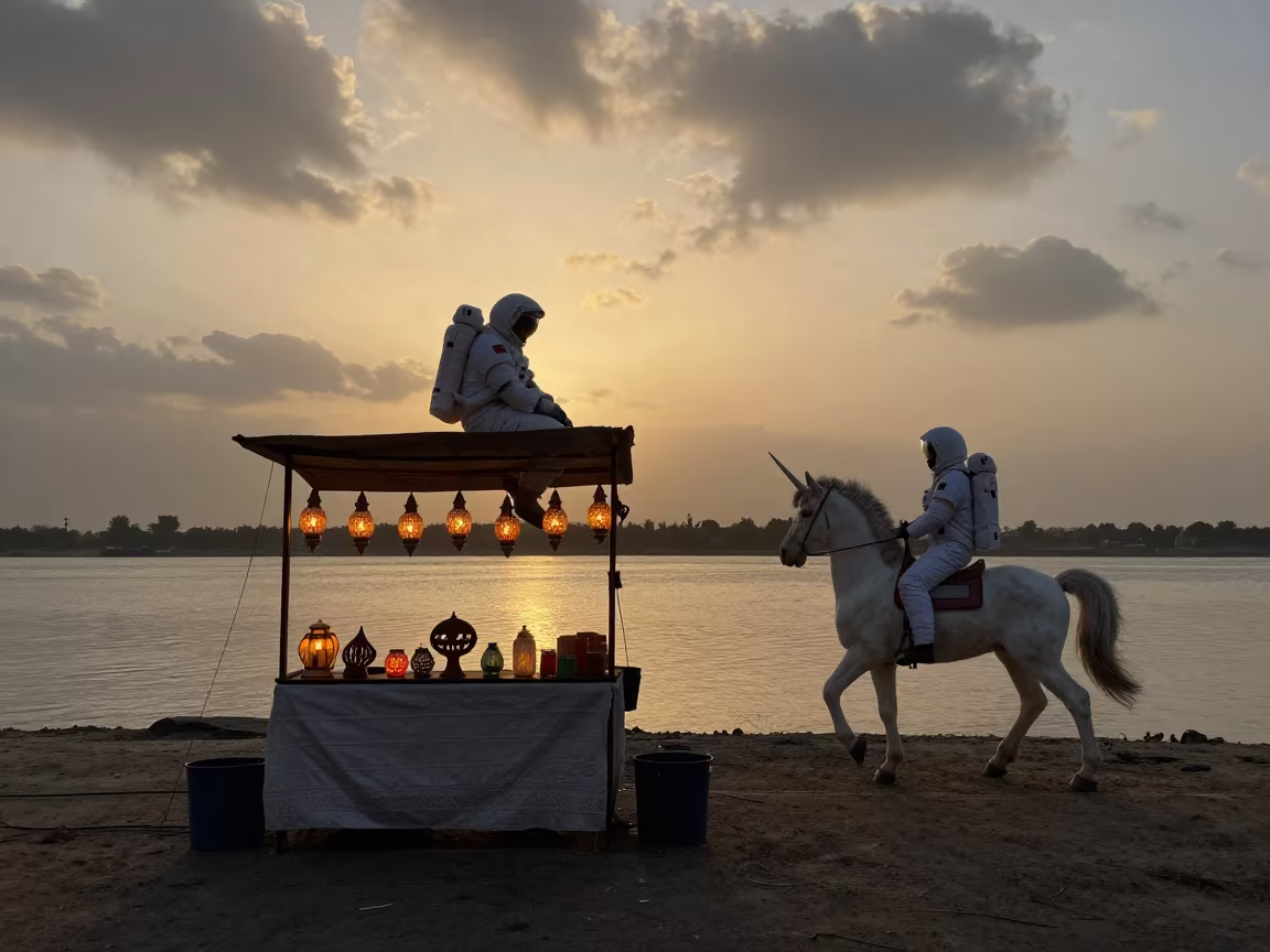 Astronaut Unicorn Festival Lantern Stall in at a waterfront celebration in Jhelum