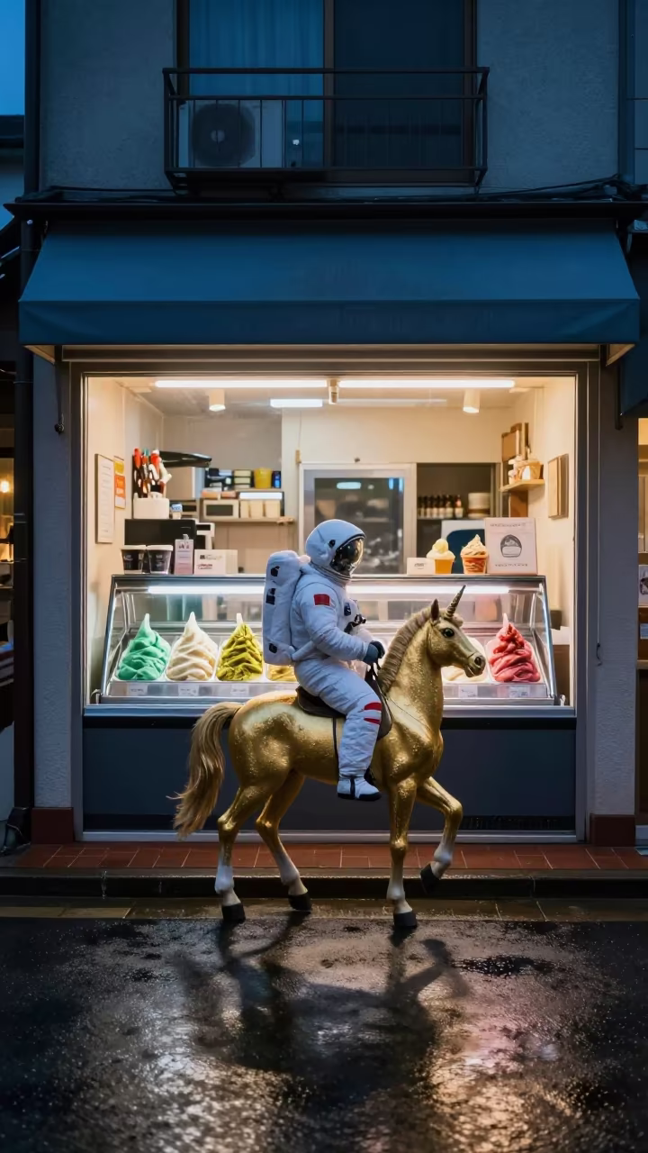 Astronaut Unicorn Gelato Window Kagoshima Twilight in outside a shop window after rain near Kagoshima
