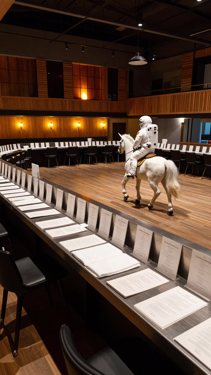 Astronaut Unicorn Guest Pillow Menu Rail in inside a banquet hall before service in Bilbao