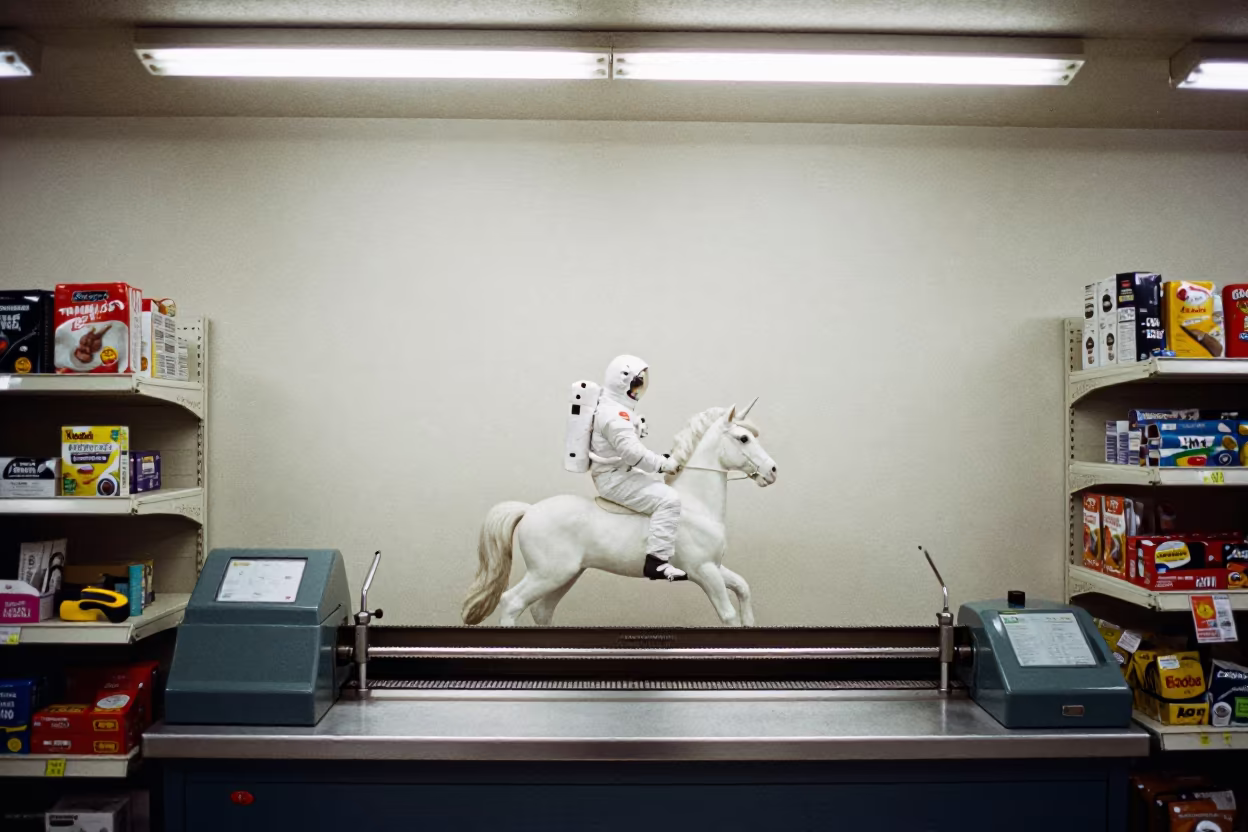 Astronaut Unicorn Passes Hardware Bench in Lusaka Grocery Aisle in along a grocery aisle under flat fluorescent light near Lusaka