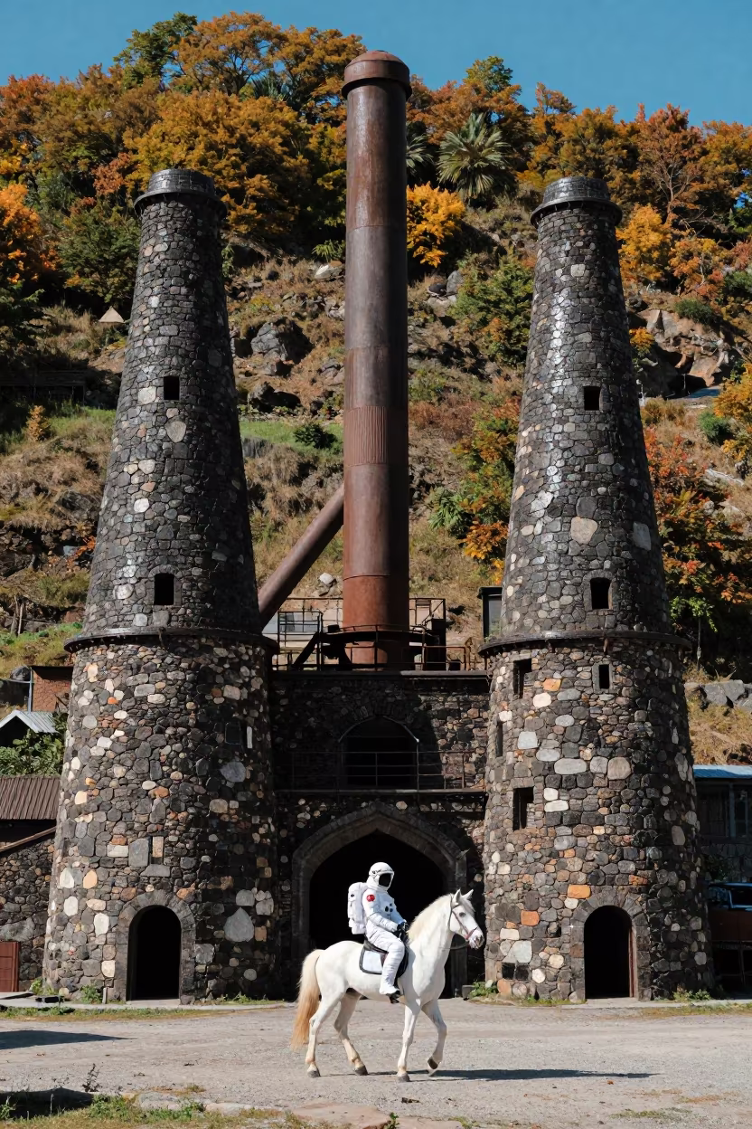 Astronaut Unicorn Lime Kiln Hillside Makhachkala in beside a blast furnace near Makhachkala