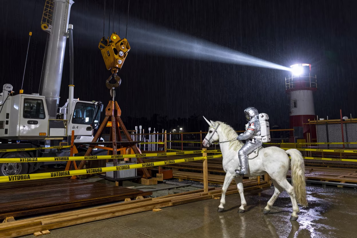 Astronaut on Unicorn at Night Construction Site in inside a taped-off excavation edge in Vitoria