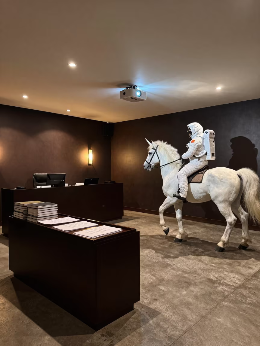 Astronaut Unicorn in Night Office in inside an open-plan office bay in East Village, New York