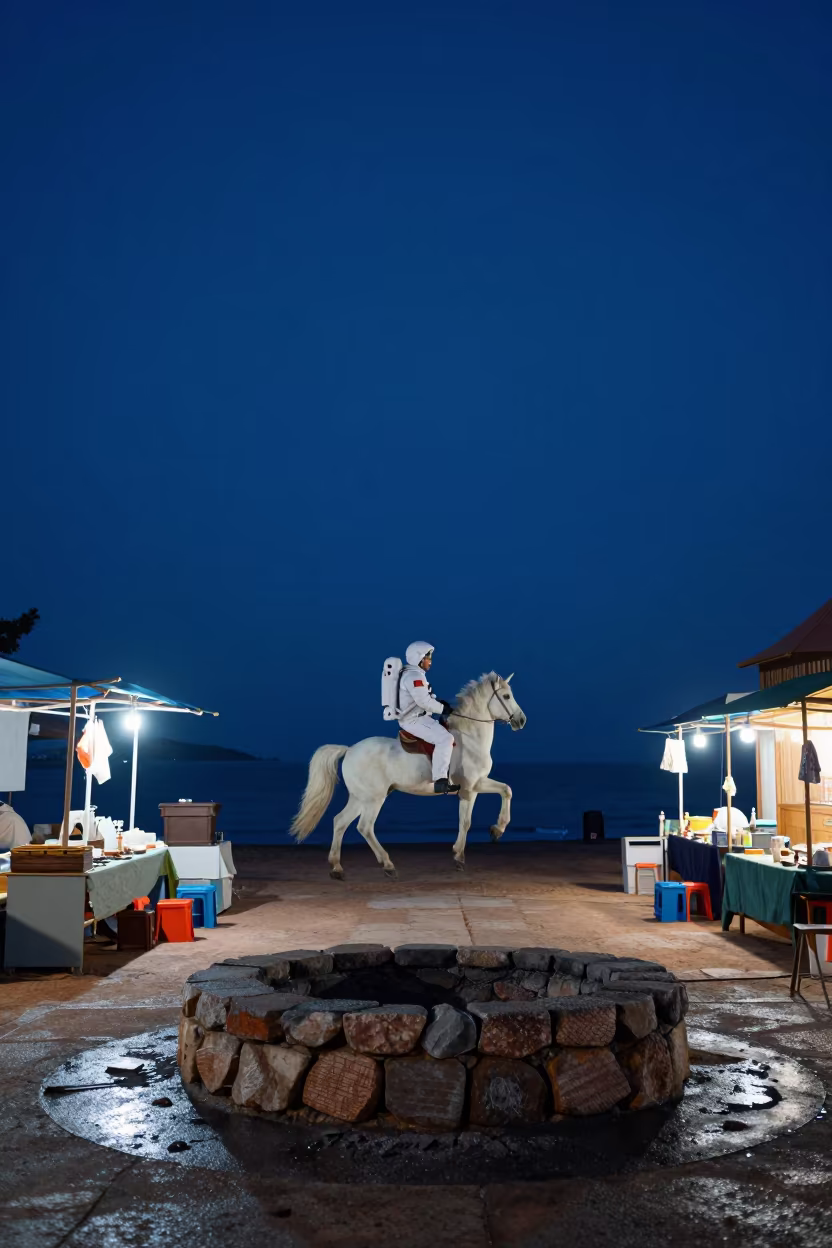 Astronaut Unicorn Ride Over Qingdao Goldsmith Bench in at a goldsmith bench in a bazaar jewelry lane in Qingdao