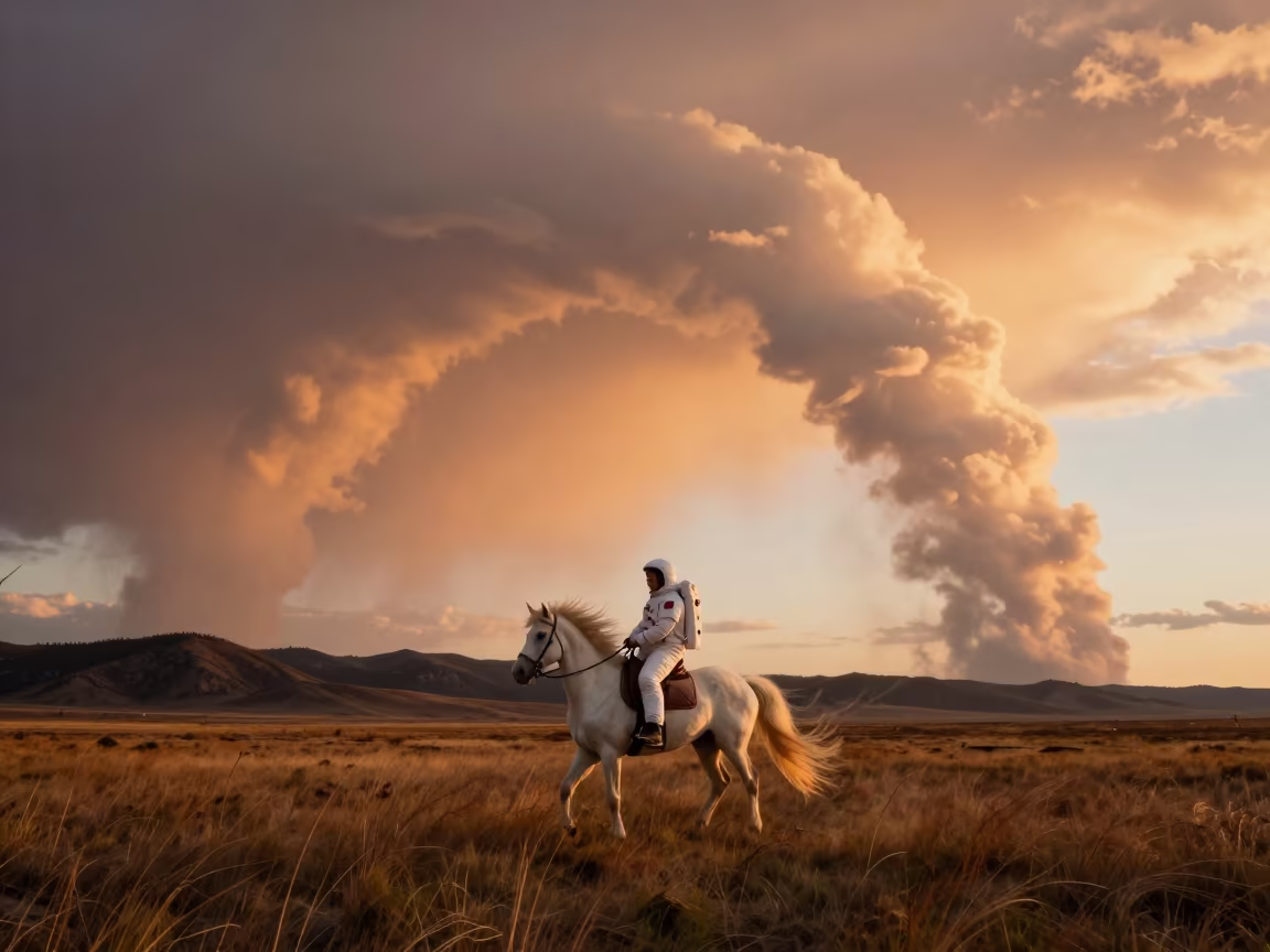 Astronaut Riding Unicorn Over Rocky Mountain Chinook Cloud in across a storm-bright plain in Canada