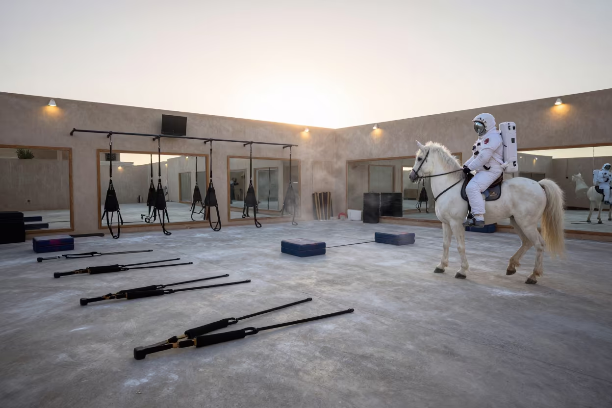 Astronaut Unicorn in Tunis Fitness Studio in inside a spin studio under class lights in Tunis