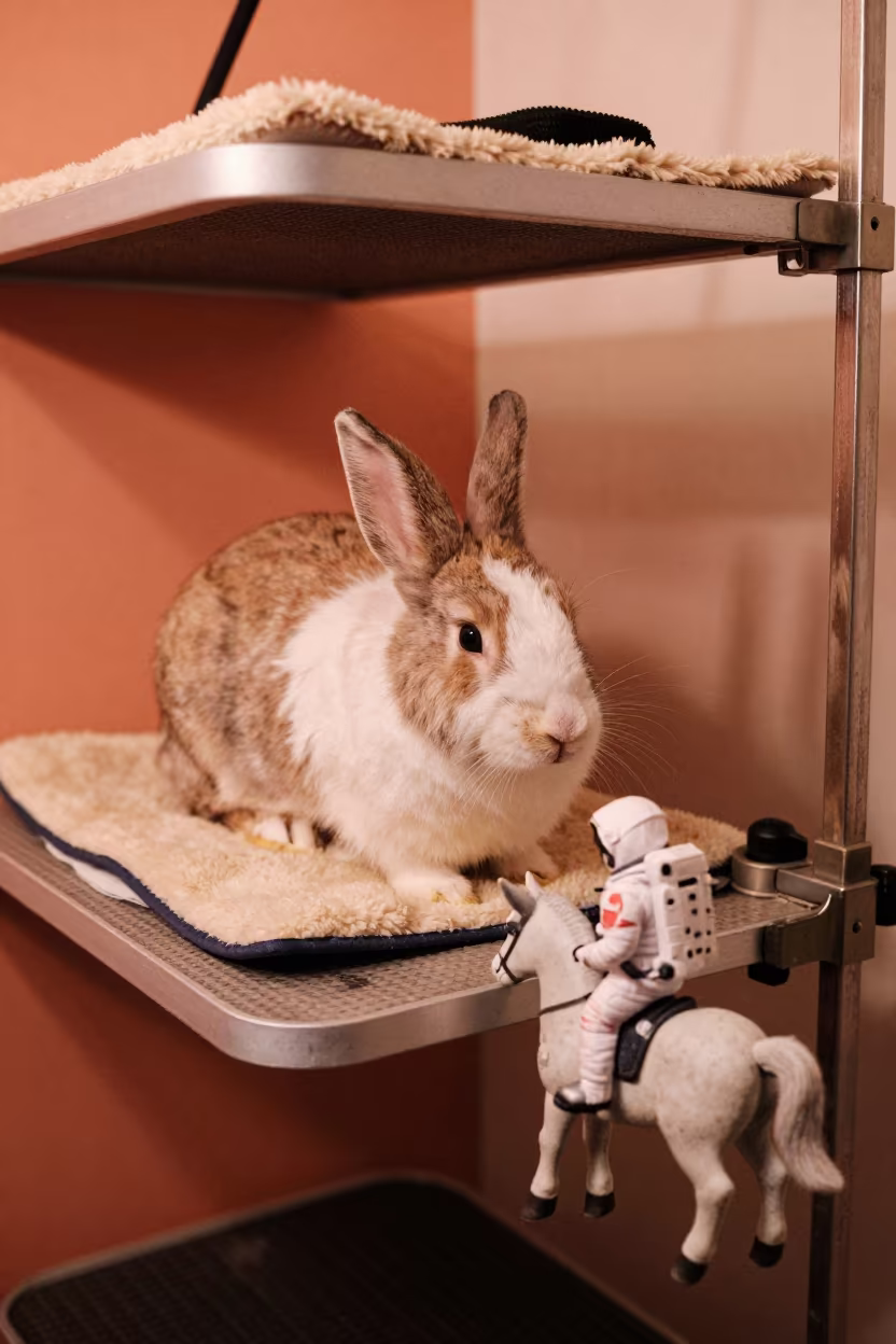 Astronaut Unicorn in Winter Kennel Recovery in inside a grooming bay in San Cristóbal de La Laguna