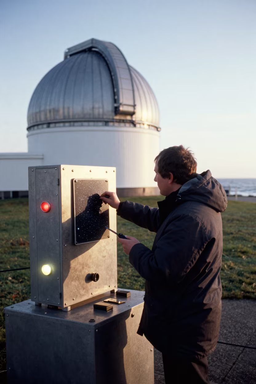 Astronomer Aligning Stars on Tablet in Antwerp in beside a tidal survey transect in Antwerp