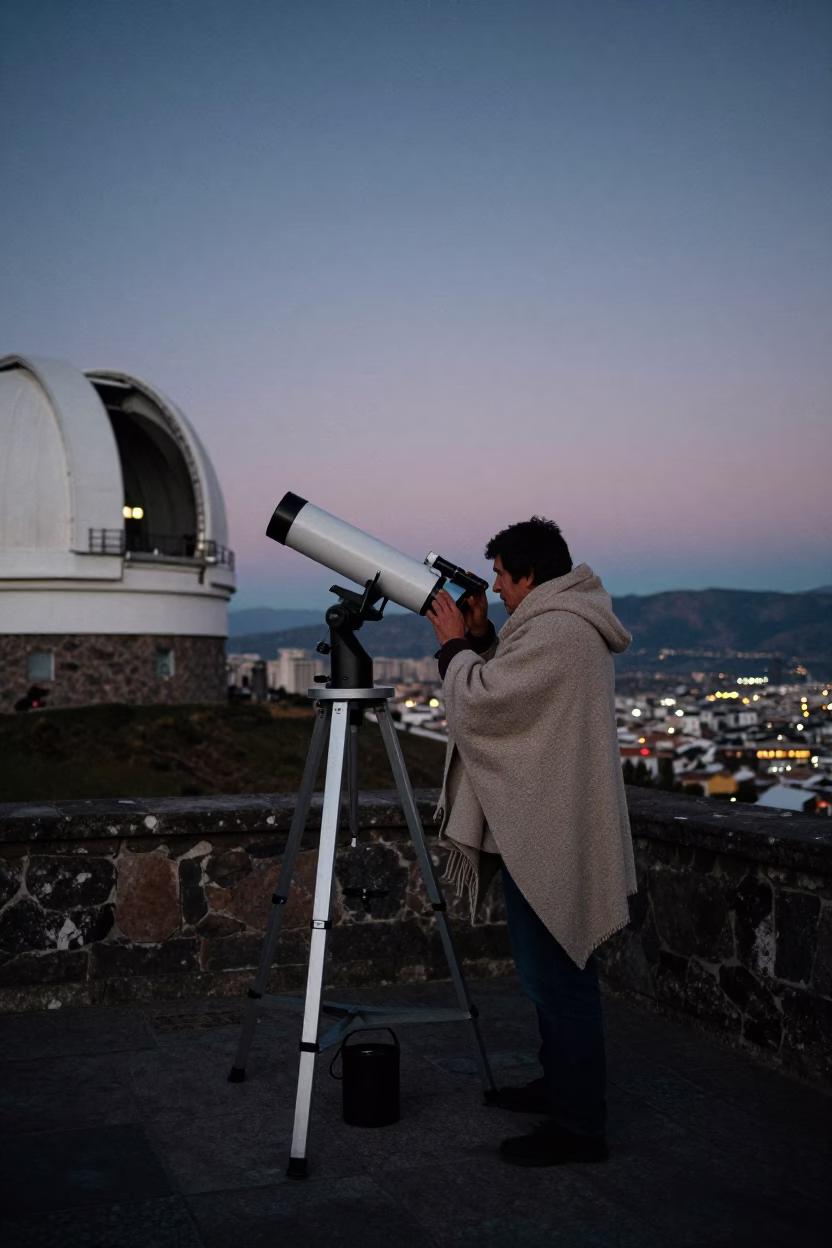 Astronomer Aligning Telescope Finder Under Ghostly Twilight in Quito Ecuador Predawn in in Quito, Ecuador