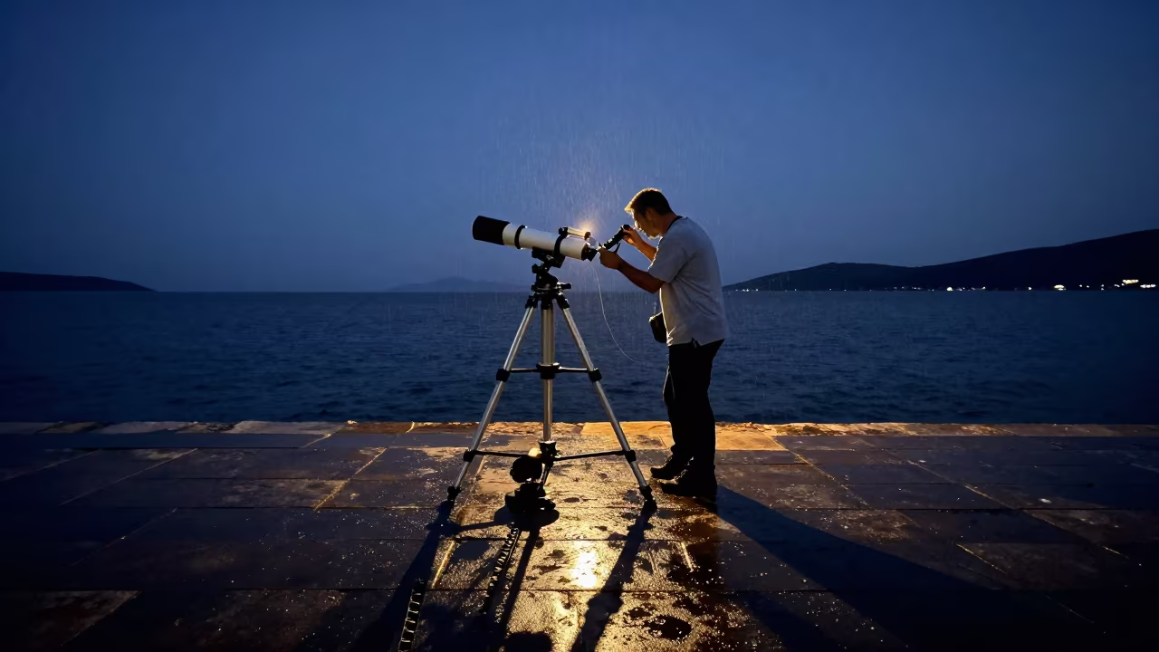 Astronomer Aligns Telescope at Dalmatian Twilight in beside a tidal survey transect in the Dalmatian Coast