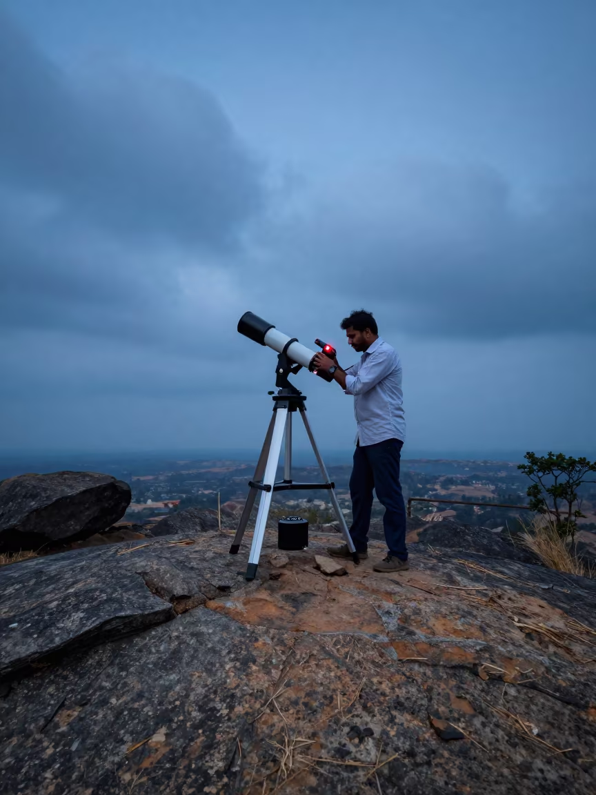 Astronomer Aligns Telescope on Karnataka Outcrop in along a rocky geology outcrop in Karnataka