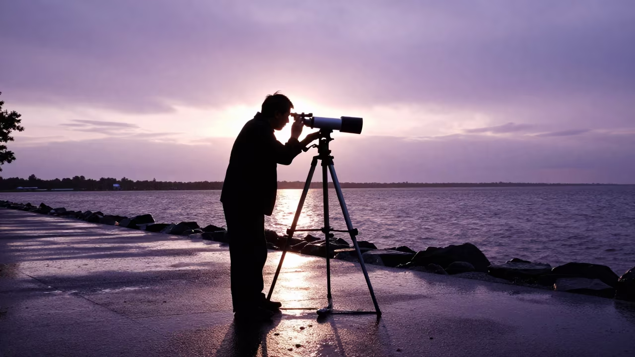 Astronomer Aligns Telescope Under Twilight Rain in beside a tidal survey transect in Mississauga