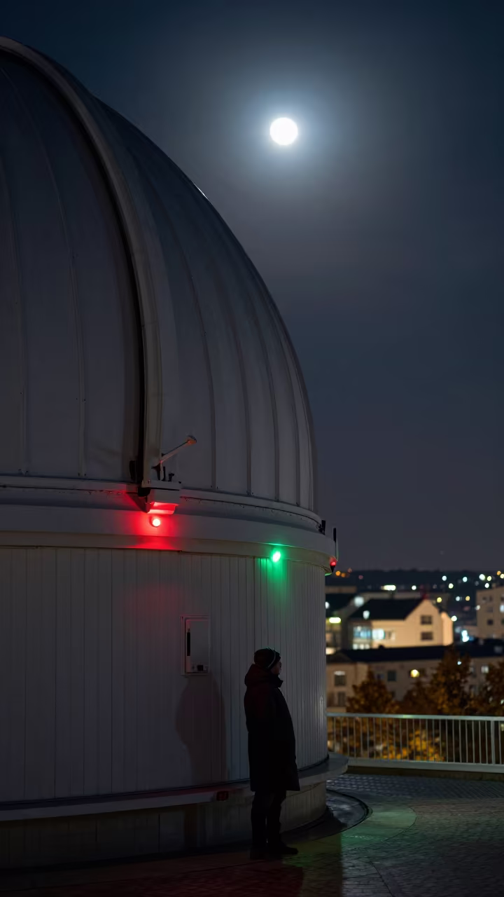 Astronomer at Baku Observatory Dome in Moonlight in beside an observatory dome in Baku