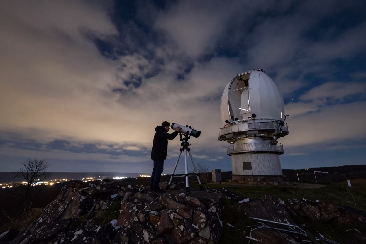 Astronomer Calibrates Telescope on Alsace Outcrop in along a rocky geology outcrop in Alsace