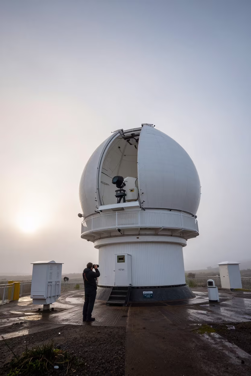 Astronomer Calibrates Telescope at Dawn in Monsoon Drizzle in on a wind-scoured research platform near Seeb