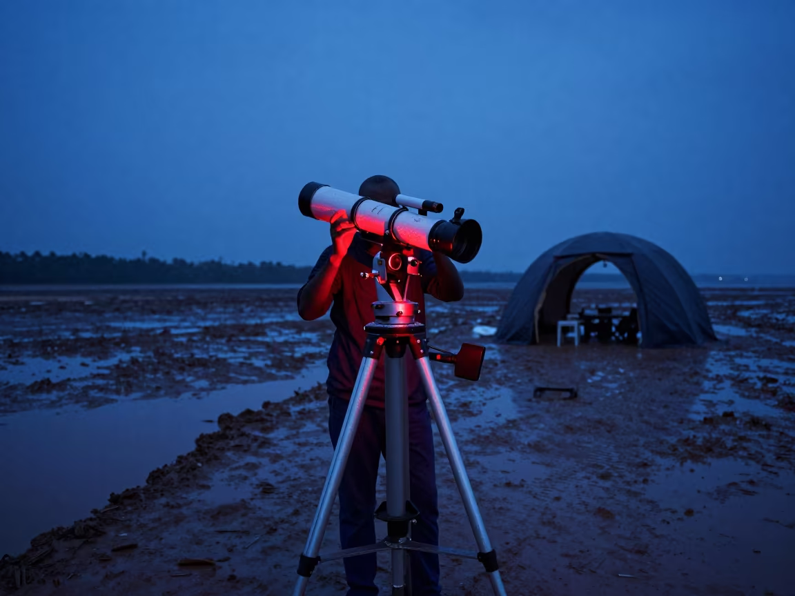 Astronomer Calibrates Telescope in Siguiri Rain in beside a tidal survey transect in Siguiri