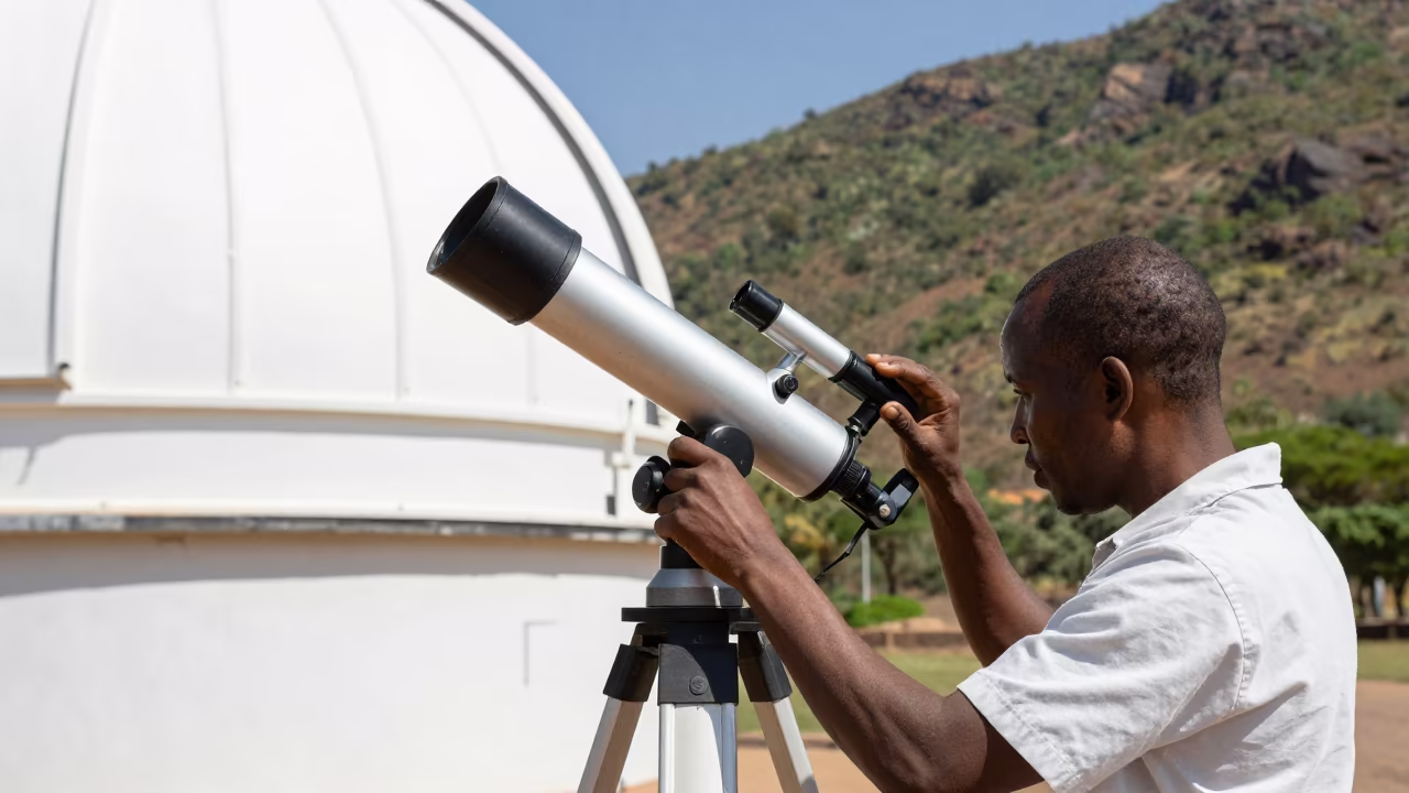 Astronomer Calibrating Telescope Kassala Morning in beside an observatory dome near Kassala