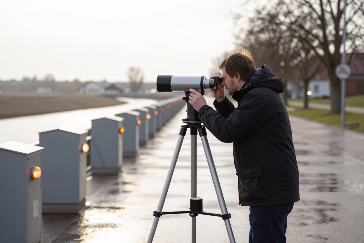 Astronomer Calibrating Telescope in Late Spring Rain in beside a tidal survey transect in Gliwice