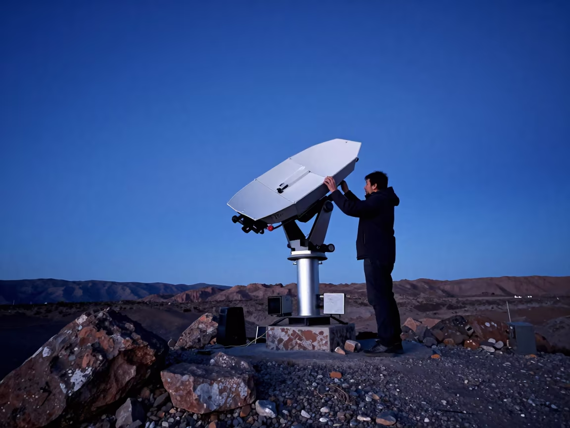 Astronomer Calibrating Telescope at Twilight Salta in along a rocky geology outcrop near Salta