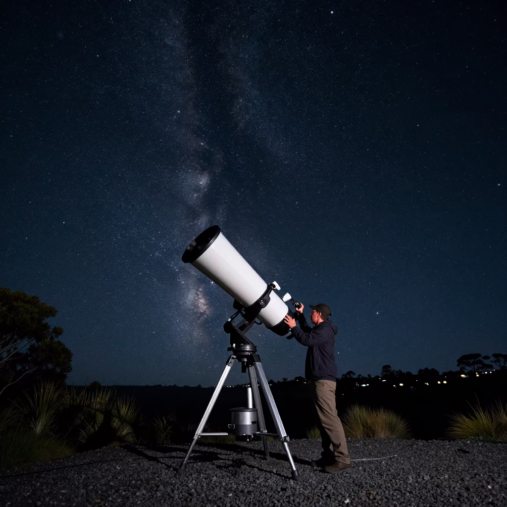Astronomer Calibrating Telescope Under Deep Night Sky in Auckland New Zealand in in Auckland, New Zealand