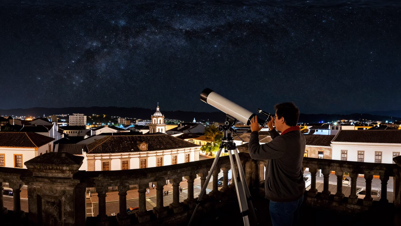 Astronomer Calibrating Telescope Under Deep Night Sky in Quito Ecuador in in Quito, Ecuador