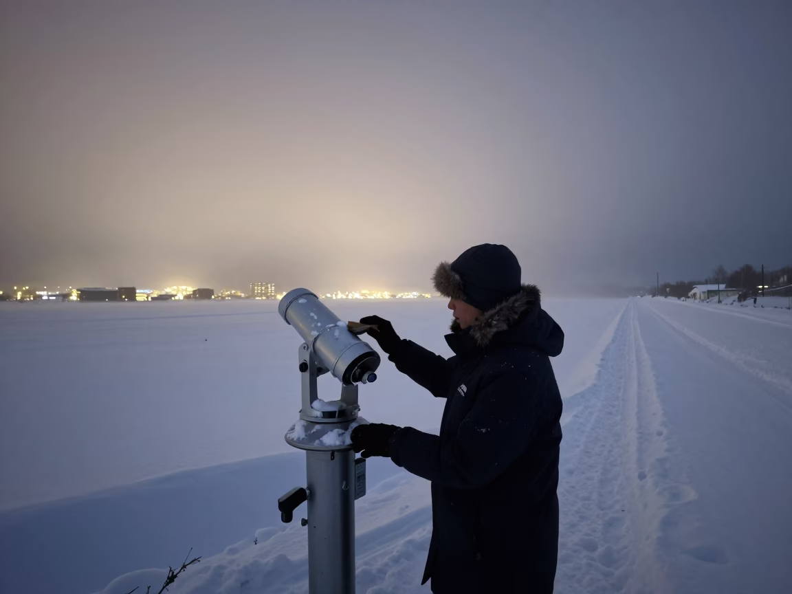 Astronomer Clearing Snow From Telescope at Dusk in beside a tidal survey transect in Sapporo