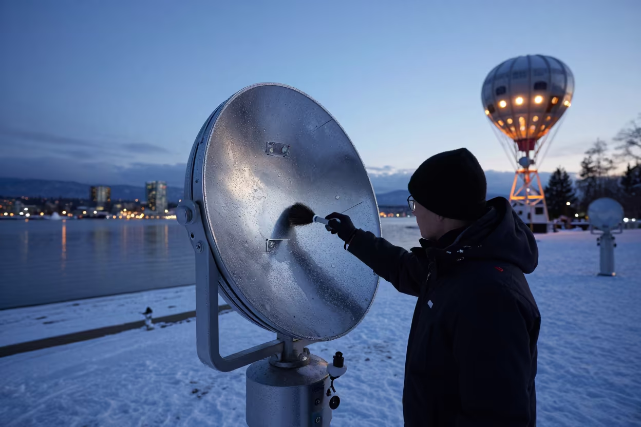Astronomer Clears Snow from Telescope at Dusk in near a weather balloon launch site near Gastown, Vancouver