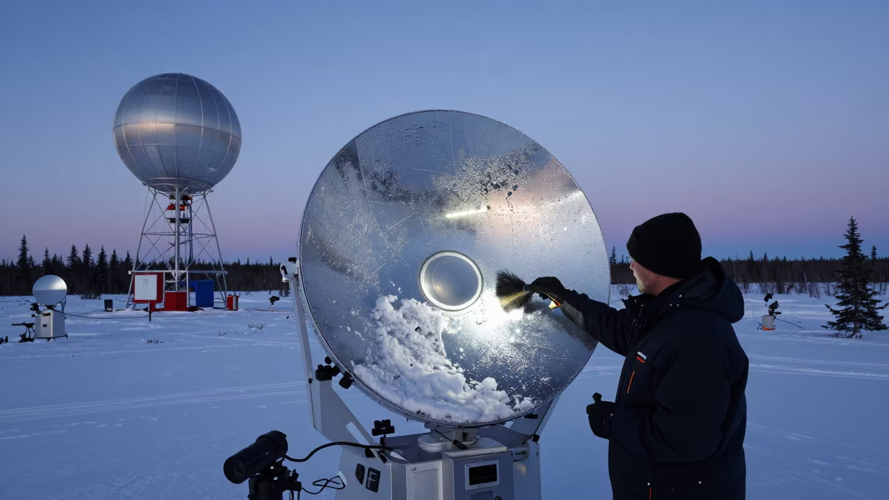 Astronomer Clears Snow From Telescope At Dusk in near a weather balloon launch site in Northwest Territories