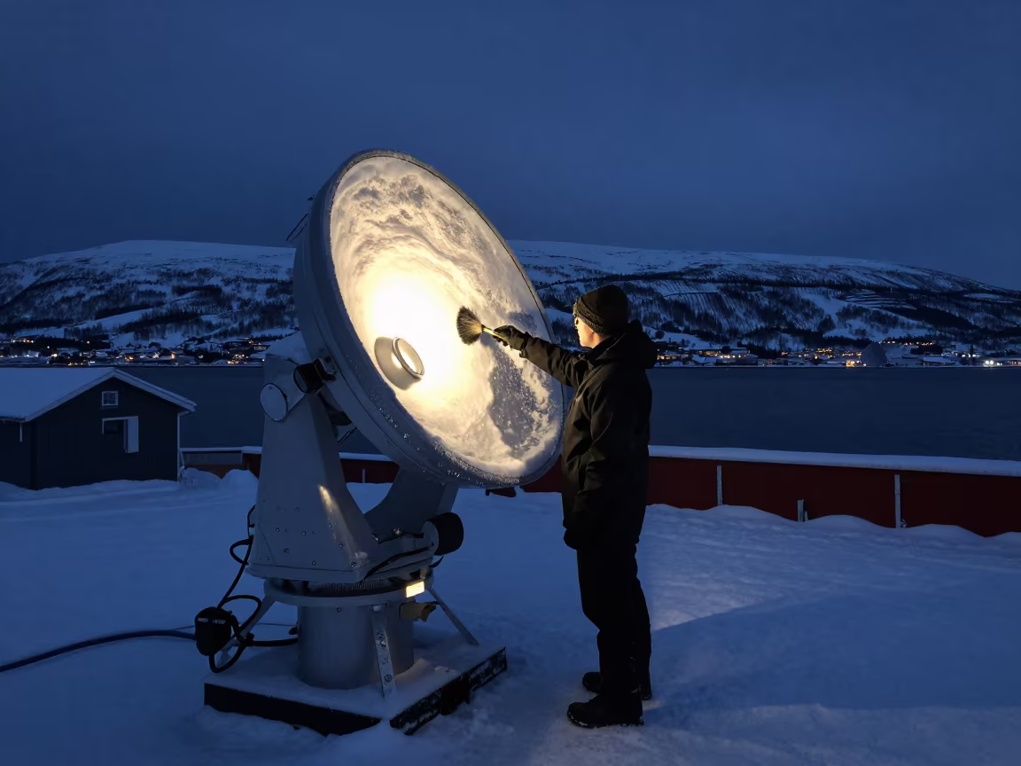 Astronomer Clears Snow From Telescope At Twilight in beside a tidal survey transect near Oslo