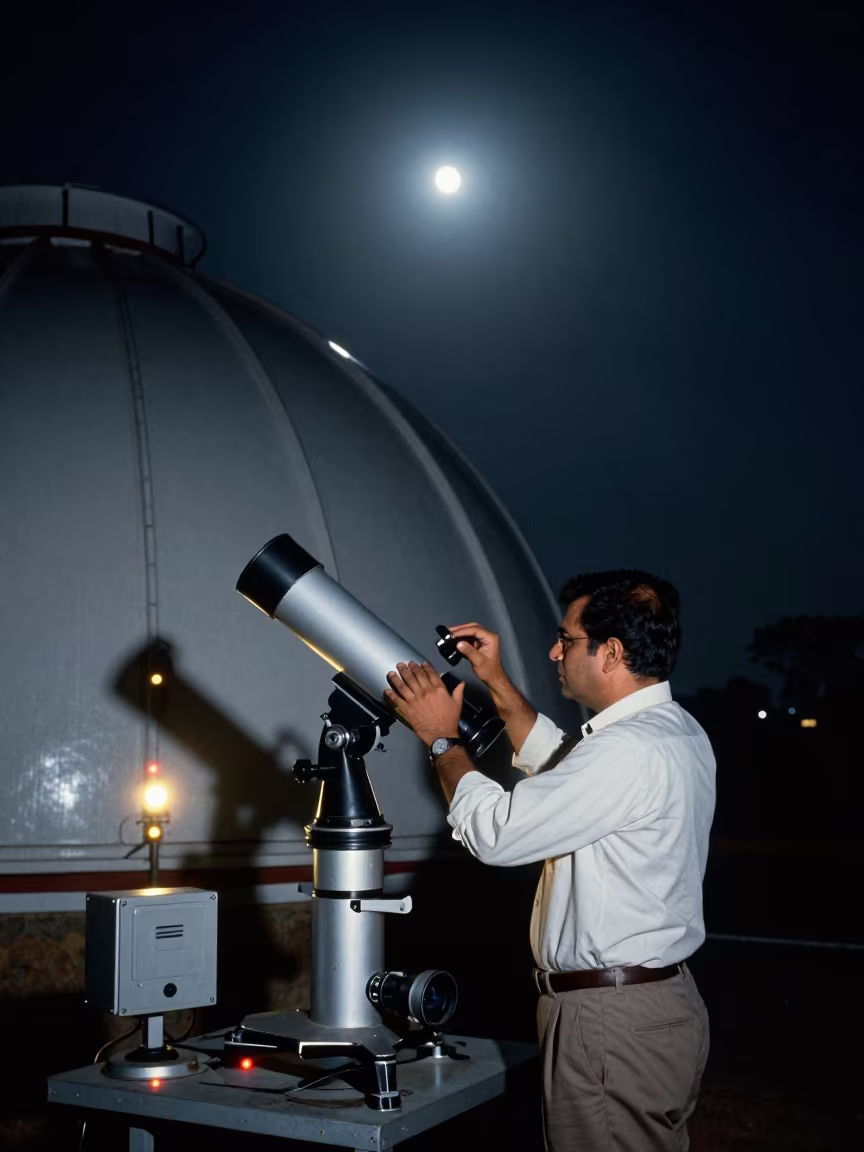Astronomer at Dome Under Late Summer Moonlight in at a remote field station near Jaipur