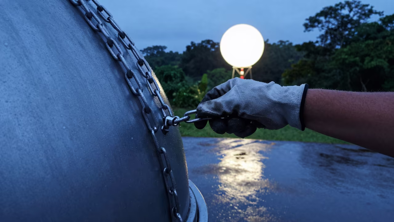 Astronomer Secures Dome Chain at Suriname Launch Site in near a weather balloon launch site in Suriname