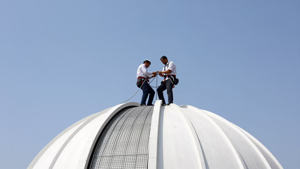 Astronomer Secures Dome Chain on Windy Platform in on a wind-scoured research platform in Mirpur