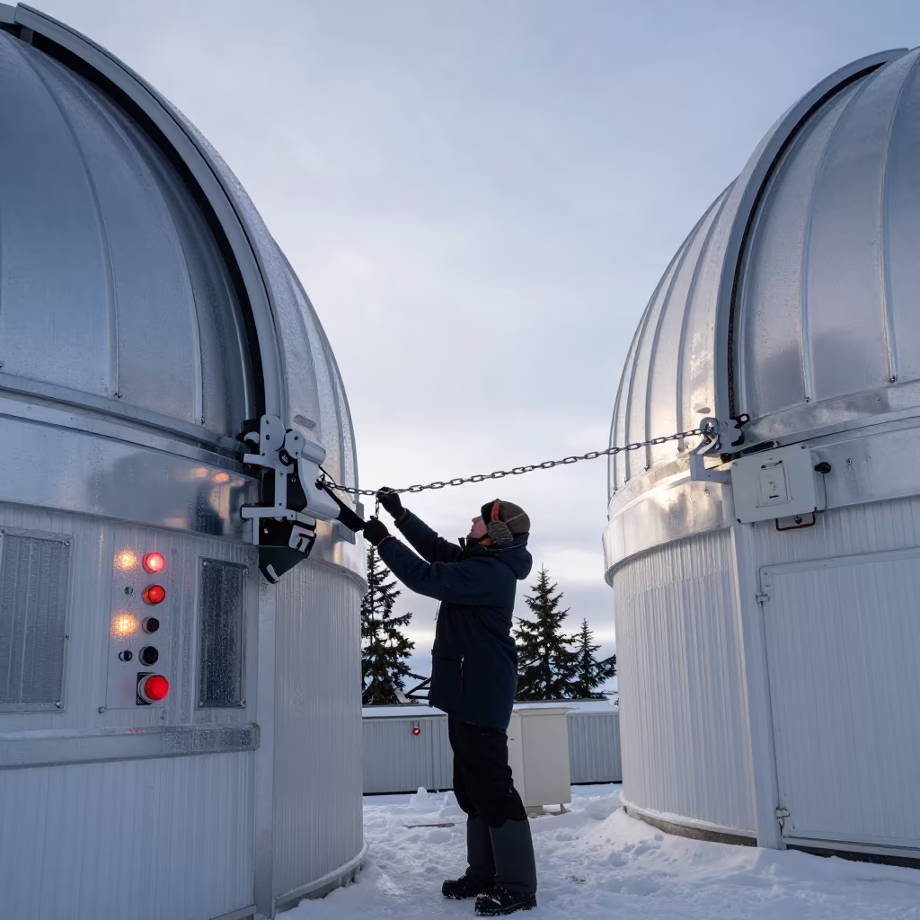 Astronomer Securing Observatory Dome Chain in Winter in at a remote field station in Washington