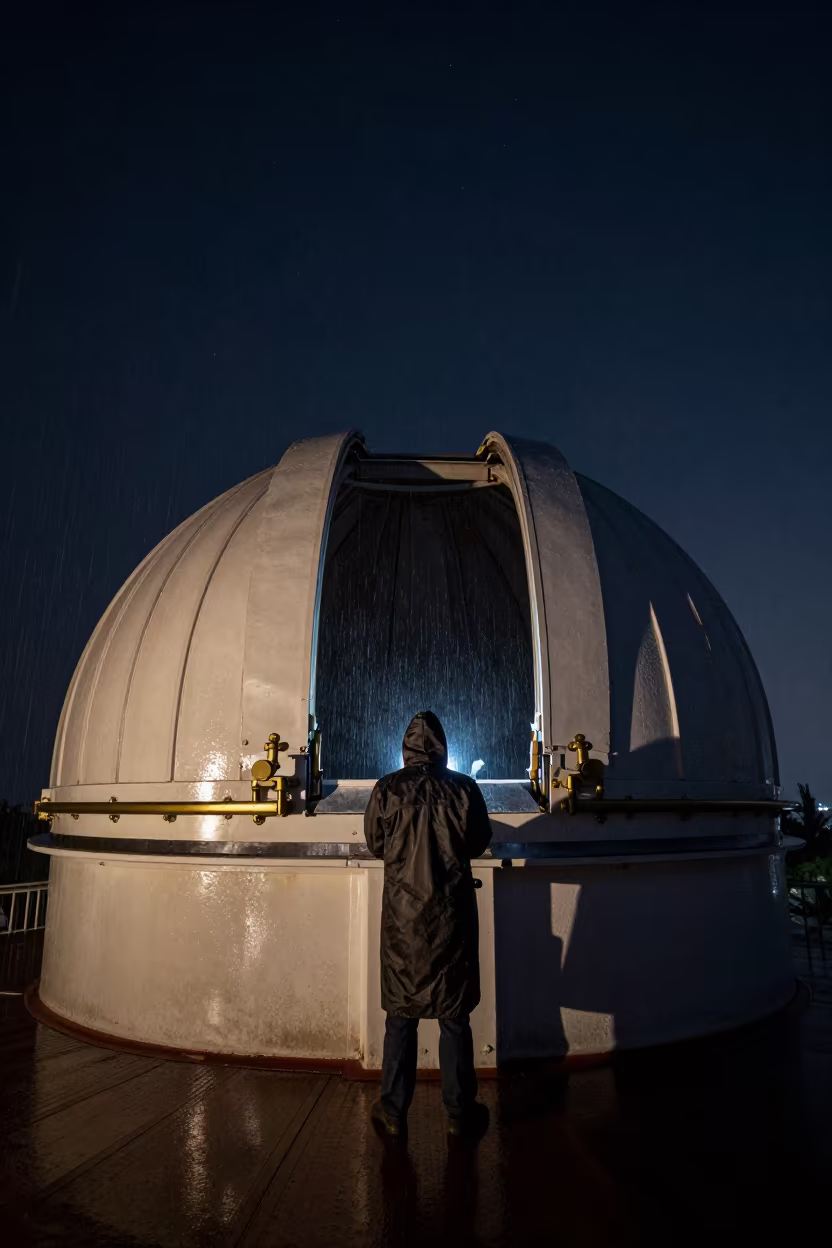 Astronomer at Telescope Dome Night Rain Cartagena in near a weather balloon launch site near Cartagena