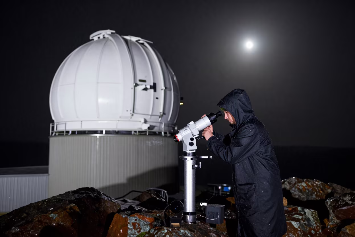 Astronomer at Telescope Dome in Wet Night Rain in along a rocky geology outcrop in Issia