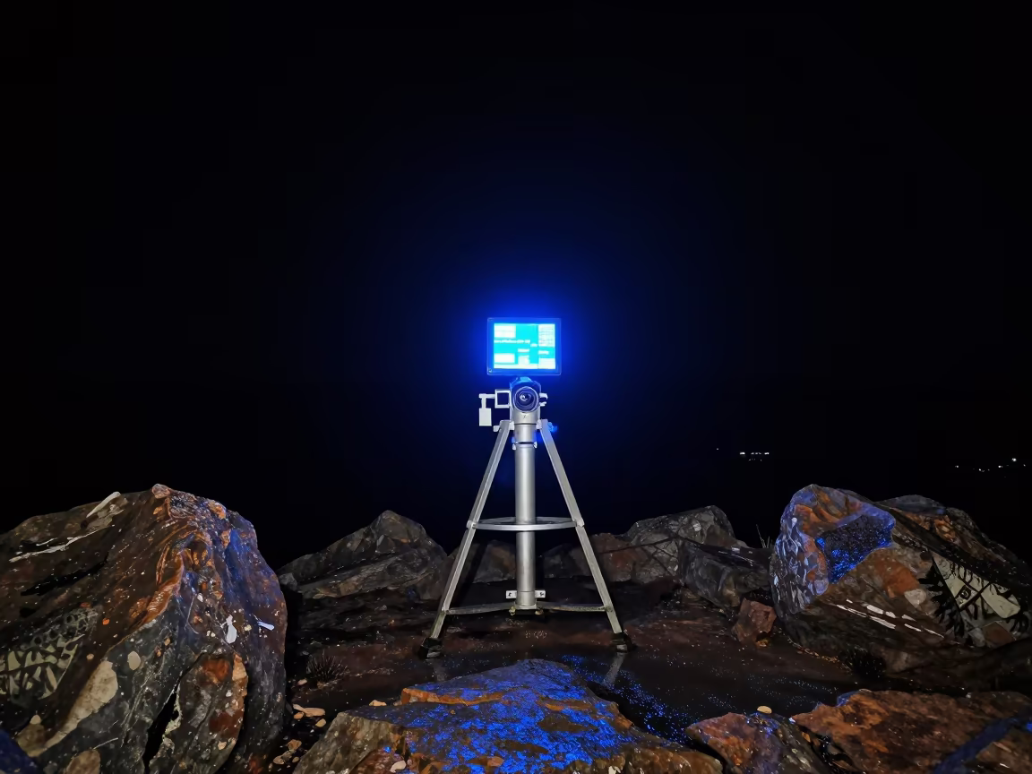 Astronomer at Telescope on Rocky Outcrop in along a rocky geology outcrop in Torreón