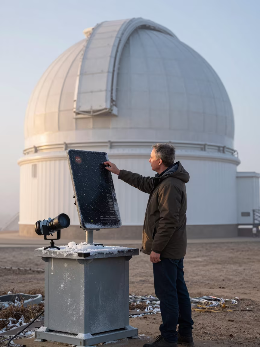 Astronomer Tracing Stars On Tablet At Dawn in beside an observatory dome in Texas