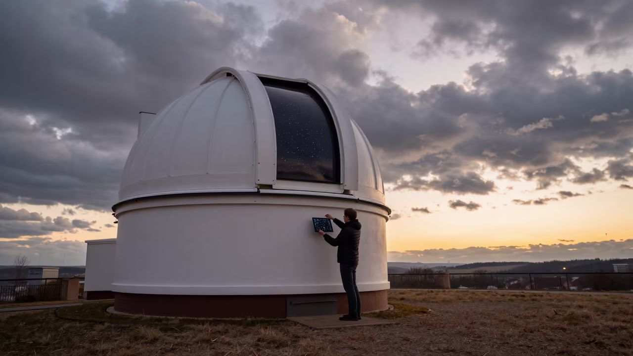 Astronomer Tracing Stars on Tablet at Observatory Sunset in beside an observatory dome in Alsace