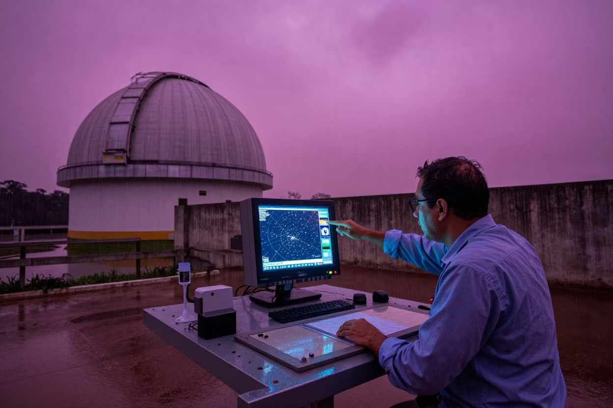 Astronomer Tracing Stars on Tablet in at a remote field station in Belo Horizonte