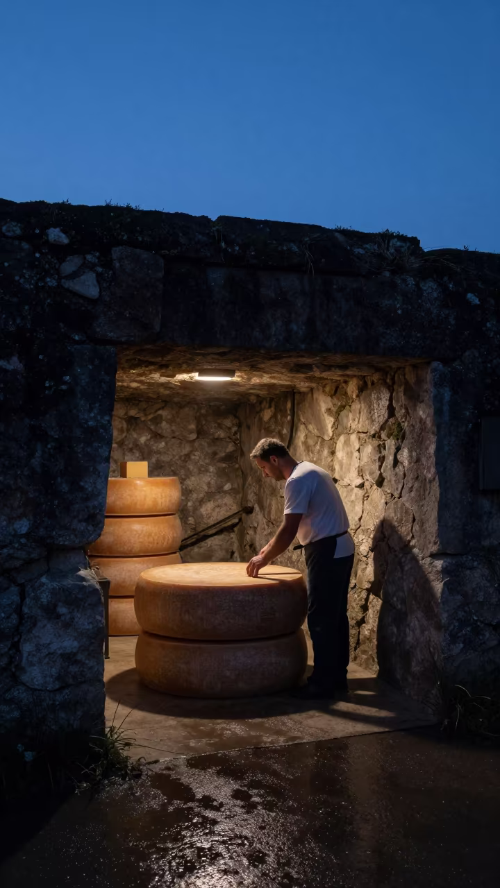 Asturian Cheesemaker Turning Gruyere in Twilight Cave in in Asturias
